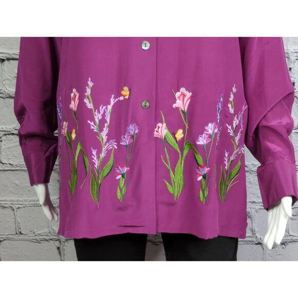 Vintage Donna Dewberry Womens M Silk Embroidered Top Fuchsia QVC New Roomy Fit - Picture 2 of 11